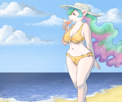 Size: 1280x1074 | Tagged: dead source, safe, artist:the-rasp-b, character:princess celestia, species:alicorn, species:anthro, species:pony, beach, belly button, bikini, cleavage, clothing, cloud, cloudy, cocktail, curvy, drink, female, hat, missing cutie mark, missing horn, ocean, solo, swimsuit, wide hips, wingless, wingless anthro