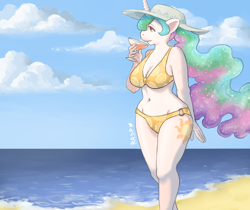 Size: 1280x1074 | Tagged: safe, artist:the-rasp-b, character:princess celestia, species:alicorn, species:anthro, species:pony, beach, belly button, bikini, cleavage, clothing, cloud, cloudy, cocktail, curvy, drink, female, hat, ocean, solo, swimsuit, wide hips, wingless, wingless anthro