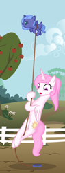 Size: 1024x2683 | Tagged: safe, artist:arvaus, character:princess celestia, character:princess luna, species:alicorn, species:pony, apple tree, baby, baby pony, carrying, cewestia, child harness, child leash, cute, day, digital art, female, fence, filly, flying, foal, harness, leash, looking at something, looking down, looking forward, mare, open mouth, outdoors, pink mane, pink-mane celestia, rope, sky, tether, tree, woona