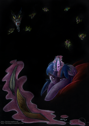 Size: 900x1272 | Tagged: safe, artist:aeritus, character:discord, character:twilight sparkle, species:pony, species:unicorn, g4, crying, female, letter, mare, nightmare, quill, traditional art