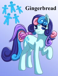 Size: 1200x1569 | Tagged: safe, artist:starbat, character:gingerbread, species:earth pony, species:pony, g1, blue background, cutie mark, female, gradient background, raised hoof, simple background, solo, tail bow