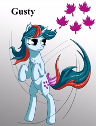 Size: 2500x3269 | Tagged: safe, artist:starbat, character:gusty, species:pony, species:unicorn, g1, cutie mark, female, gradient background, gray background, looking back, rearing, simple background, solo, tail bow