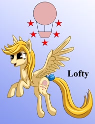 Size: 1200x1569 | Tagged: safe, artist:starbat, character:lofty, species:pegasus, species:pony, g1, blue background, bow, cutie mark, ear fluff, female, flying, gradient background, simple background, smiling, solo, spread wings, tail bow, wings