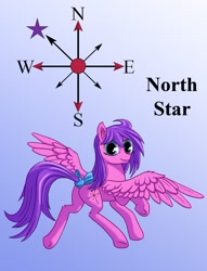 Size: 1200x1569 | Tagged: safe, artist:starbat, species:pegasus, species:pony, g1, blue background, cutie mark, female, fluffy, flying, gradient background, looking at you, looking back, north star, simple background, smiling, solo, spread wings, tail bow, underhoof, wings