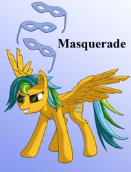 Size: 1200x1569 | Tagged: safe, artist:starbat, character:masquerade (g1), species:pegasus, species:pony, g1, blue background, bow, cutie mark, female, g1 to g4, generation leap, gradient background, simple background, solo, spread wings, tail bow, wings