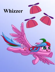 Size: 1200x1569 | Tagged: safe, artist:starbat, character:whizzer, species:pegasus, species:pony, g1, blue background, bow, cutie mark, female, flying, gradient background, simple background, solo, spread wings, tail bow, tongue out, wings