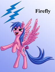 Size: 1200x1569 | Tagged: safe, artist:starbat, character:firefly, species:pegasus, species:pony, g1, blue background, bow, cutie mark, female, gradient background, rearing, simple background, solo, spread wings, tail bow, wings