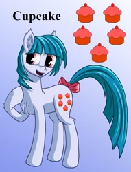 Size: 1200x1569 | Tagged: safe, artist:starbat, character:cupcake (g1), species:earth pony, species:pony, g1, blue background, bow, cutie mark, female, gradient background, hoof on chest, simple background, solo, tail bow