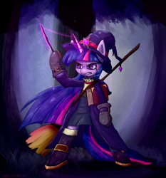 Size: 1400x1500 | Tagged: safe, artist:senx, character:twilight sparkle, book, broom, clothing, female, hat, solo, wand, witch, witch hat