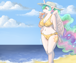Size: 1550x1300 | Tagged: safe, artist:the-rasp-b, character:princess celestia, species:alicorn, species:anthro, species:pony, g4, beach, belly button, bikini, breasts, busty princess celestia, cleavage, clothing, drink, female, folded wings, hat, horn, solo, swimsuit, water, wide hips, windswept mane, wings