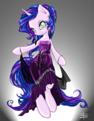 Size: 701x900 | Tagged: safe, artist:tt-n, oc, oc only, species:pony, species:unicorn, bipedal, clothing, dress, female, jewelry, long tail, mare, semi-anthro, solo, updo