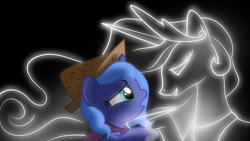 Size: 1920x1080 | Tagged: safe, artist:arvaus, character:princess celestia, character:princess luna, species:alicorn, species:pony, moonstuck, cartographer's cap, clothing, duo, filly, ghost, hat, paper hat, see-through, spirit, spiritlestia, woona, younger