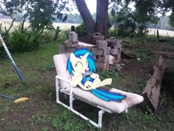 Size: 2592x1944 | Tagged: safe, artist:pinkiepi314, artist:tokkazutara1164, character:dj pon-3, character:vinyl scratch, broom, chair, cinder block, irl, itunes, logo, outdoors, photo, ponies in real life, recolor, solo, vector