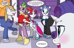 Size: 4896x3168 | Tagged: safe, artist:bico-kun, character:fancypants, character:moondancer, character:prince blueblood, character:rarity, character:spike, ship:sparity, ship:spikedancer, alcohol, blushing, bow tie, champagne, clothing, crown, cutie mark, dress, female, grand galloping gala, love triangle, male, monocle, prince spike, shipping, straight, suit