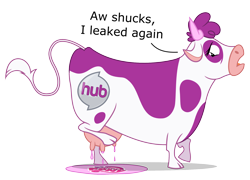 Size: 2000x1443 | Tagged: safe, artist:zutheskunk traces, species:cow, cloven hooves, female, horns, hub logo, hubble, hubworld, lactation, leaking, metaphor, my little pony logo, puddle, pun, simple background, solo, the hub, transparent background, udder, vector trace, visual gag
