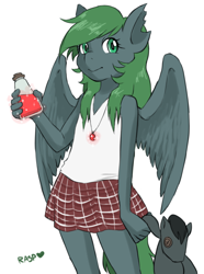 Size: 500x673 | Tagged: dead source, safe, artist:the-rasp-b, oc, oc only, species:anthro, species:pegasus, species:pony, amulet, anthro oc, clothing, dawn, doll, erlenmeyer flask, female, flask, necklace, plushie, potion, skirt, solo, torn ear, voodoo doll, witch doctor