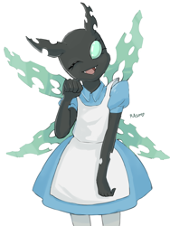 Size: 1050x1400 | Tagged: safe, artist:the-rasp-b, species:anthro, species:changeling, alice in wonderland, clothing, cute, cuteling, dress, female, looking at you, nightmare night, open mouth, smiling, solo, wink