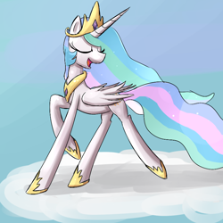 Size: 800x800 | Tagged: safe, artist:senx, character:princess celestia, species:alicorn, species:pony, cloud, crown, eyes closed, female, hoof shoes, jewelry, mare, on a cloud, open mouth, regalia, sky, solo