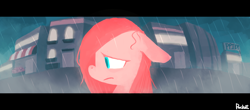Size: 1492x659 | Tagged: dead source, safe, artist:berrydrops, character:pinkie pie, species:earth pony, species:pony, city, female, floppy ears, mare, profile, rain, sad, solo, wet, wet mane