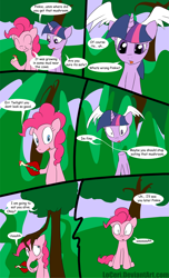 Size: 800x1315 | Tagged: safe, artist:loceri, character:pinkie pie, character:twilight sparkle, species:earth pony, species:pony, episode:slice of life, g4, my little pony: friendship is magic, :t, bad trip, claw, comic, dialogue, disembodied head, drugs, elephant, eyes closed, female, frown, hallucination, headless, high, hoof hold, mare, mismatched eyes, modular, mushroom, raised eyebrow, shrooms, sitting, smiling, that escalated quickly, tree, tripping balls, wide eyes, worried