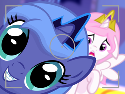 Size: 1600x1200 | Tagged: safe, artist:arvaus, character:princess celestia, character:princess luna, species:alicorn, species:pony, alicorn eclipse, braces, camera, camera shot, cewestia, cute, dawwww, eclipse, female, filly, floppy ears, frown, grin, open mouth, photobomb, pun, smiling, spread wings, visual gag, wings, woona