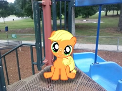 Size: 2592x1944 | Tagged: safe, artist:anevilzebra, artist:tokkazutara1164, character:applejack, bench, female, filly, irl, looking at you, photo, playground, ponies in real life, shadow, sitting, slide, solo, tree, vector