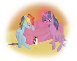 Size: 1142x905 | Tagged: safe, artist:v-invidia, character:rainbow dash, character:twilight sparkle, species:pegasus, species:pony, species:unicorn, book, couch, drool, duo, female, mare, sleeping