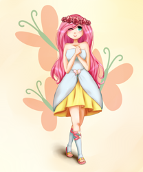 Size: 1000x1200 | Tagged: safe, artist:cosmicponye, character:fluttershy, species:human, bare shoulders, clothing, cutie mark background, dress, eye clipping through hair, female, hair over one eye, humanized, light skin, one eye closed, solo, wink