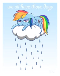 Size: 1650x2100 | Tagged: safe, artist:steffy-beff, character:rainbow dash, species:pegasus, species:pony, cloud, depressed, female, on a cloud, rain, solo, text