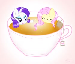 Size: 1430x1218 | Tagged: safe, artist:steffy-beff, character:fluttershy, character:rarity, species:pony, cup of pony, drink, food, micro, raritea, tea