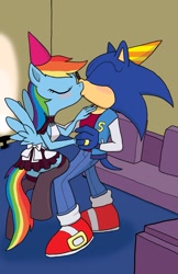 Size: 825x1275 | Tagged: safe, artist:bico-kun, character:rainbow dash, character:sonic the hedgehog, species:anthro, species:unguligrade anthro, blushing, clothing, crossover, crossover shipping, female, hat, kissing, maid, male, party hat, shipping, sonic the hedgehog (series), sonicdash, straight