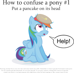 Size: 2650x2598 | Tagged: safe, artist:jittery-the-dragon, character:rainbow dash, species:pegasus, species:pony, behaving like a cat, cute, female, frown, how to confuse a pony, looking up, mare, open mouth, pancakes, pointless pony tips, rainbow cat, sitting, solo, stuck, sweat, wide eyes