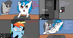 Size: 1370x706 | Tagged: safe, artist:fifthcru5ader, character:dj pon-3, character:octavia melody, character:rainbow dash, character:vinyl scratch, computer, jumpscare, laptop computer, my little foundation: containment is magic, scp containment breach, scp foundation