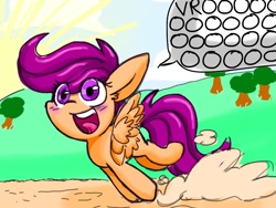 Size: 1024x768 | Tagged: safe, artist:supernoncutie, character:scootaloo, species:pegasus, species:pony, dialogue, dirt, female, one word, onomatopoeia, solo, speech bubble, vroom
