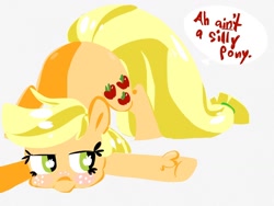 Size: 1024x768 | Tagged: safe, artist:supernoncutie, character:applejack, species:pony, accent, dialogue, face down ass up, female, hatless, lineless, missing accessory, silly, silly pony, simple background, solo, speech bubble, who's a silly pony