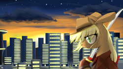 Size: 1920x1080 | Tagged: safe, artist:reikomuffin, character:applejack, species:earth pony, species:pony, city, female, samurai, solo, sword, weapon