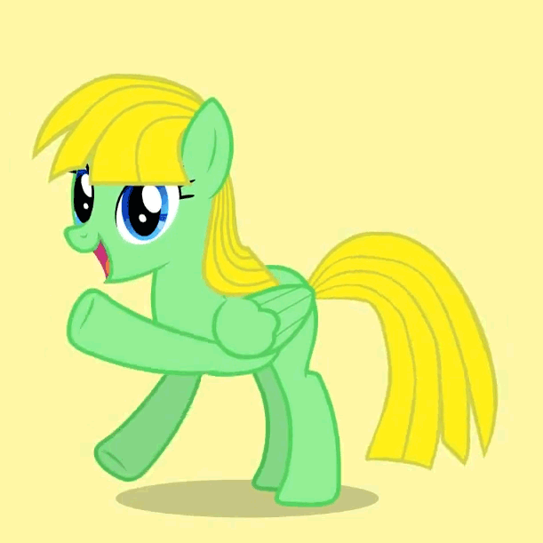 Size: 611x611 | Tagged: safe, artist:viva reverie, oc, oc only, oc:viva reverie, species:pegasus, species:pony, albuquerque, animated, cute, dancing, female, grin, immatoonlink, looking at you, mare, ocbetes, open mouth, simple background, singing, smiling, solo, the monkey, yellow background