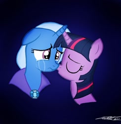 Size: 933x951 | Tagged: safe, artist:willisninety-six, character:trixie, character:twilight sparkle, species:pony, species:unicorn, ship:twixie, crying, female, gradient background, imminent kissing, kissing, lesbian, mare, sad, shipping