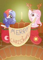 Size: 935x1311 | Tagged: safe, artist:arvaus, character:princess celestia, character:princess luna, banner, cewestia, chest fluff, christmas, christmas stocking, clothing, cute, filly, hat, lunabetes, reindeer antlers, santa hat, santa woona, woona