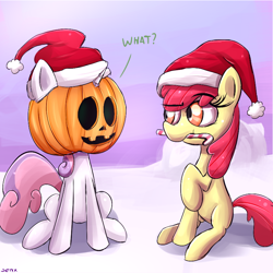 Size: 800x800 | Tagged: safe, artist:senx, character:apple bloom, character:sweetie belle, clothing, halloween, hat, holiday, jack-o-lantern, pumpkin, santa hat, snow