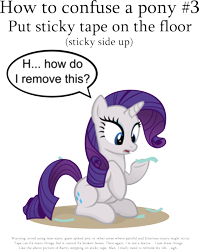 Size: 2885x3616 | Tagged: safe, artist:jittery-the-dragon, character:rarity, species:pony, species:unicorn, behaving like a cat, confused, dialogue, female, frown, how to confuse a pony, mare, open mouth, pointless pony tips, sitting, solo, speech bubble, tape