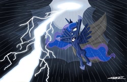 Size: 1686x1090 | Tagged: safe, artist:willisninety-six, character:princess luna, species:alicorn, species:pony, g4, cape, clothing, epic, female, flying, lightning, mare, rain, solo, spread wings, storm, wings