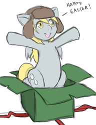 Size: 1024x1330 | Tagged: safe, artist:the-rasp-b, character:derpy hooves, species:pegasus, species:pony, box, clothing, easter, explicit source, female, hat, mare, pony in a box, ribbon, simple background, solo