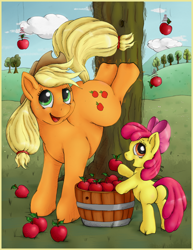 Size: 2500x3243 | Tagged: safe, artist:ratwhiskers, character:apple bloom, character:applejack, apple, applebucking, applejack mid tree-buck facing the left with 3 apples falling down, applejack mid tree-buck with 3 apples falling down, barrel, bucket, cloud, cloudy, kicking, palindrome get, plot, tree, trunk