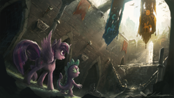 Size: 1920x1080 | Tagged: safe, artist:huussii, character:spike, character:twilight sparkle, character:twilight sparkle (alicorn), species:alicorn, species:pony, castle, castle of the royal pony sisters, crepuscular rays, dark, detailed, epic, female, mare, ruins, scenery, scenery porn, wallpaper
