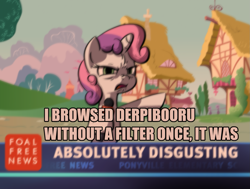 Size: 1593x1206 | Tagged: safe, artist:derkrazykraut, edit, character:sweetie belle, derpibooru, absolutely disgusting, blurry, image macro, op is a duck, op is trying to start shit