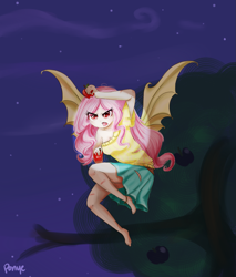 Size: 1275x1500 | Tagged: safe, artist:cosmicponye, character:flutterbat, character:fluttershy, species:bat pony, species:human, anklet, apple, barefoot, clothing, fangs, feet, female, flying, humanized, light skin, night, open mouth, pink hair, race swap, red eyes, ripping clothes, scratches, skirt, solo, spotlight, sweater, vampire, winged humanization