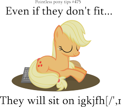 Size: 3905x3458 | Tagged: safe, artist:jittery-the-dragon, character:applejack, species:earth pony, species:pony, behaving like a cat, eyes closed, female, freckles, keyboard, mare, missing accessory, pointless pony tips, simple background, sitting, smiling, solo, transparent background