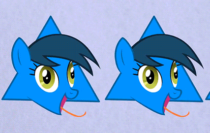 Size: 427x270 | Tagged: safe, artist:viva reverie, oc, oc only, oc:triangle mare, animated, head only, immatoonlink, multeity, particle mare, they might be giants, they see me rollin', triangle, wat