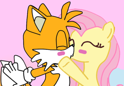 Size: 630x439 | Tagged: safe, artist:kaiamurosesei, character:fluttershy, crossover, crossover shipping, female, fluttertails, interspecies, kissing, love, male, miles "tails" prower, shipping, sonic the hedgehog (series), straight